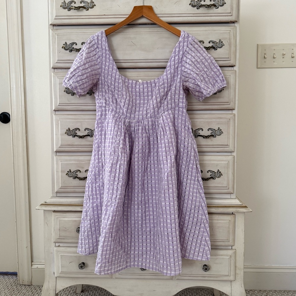 Vici Lavender Check Puff-Sleeve Babydoll Dress